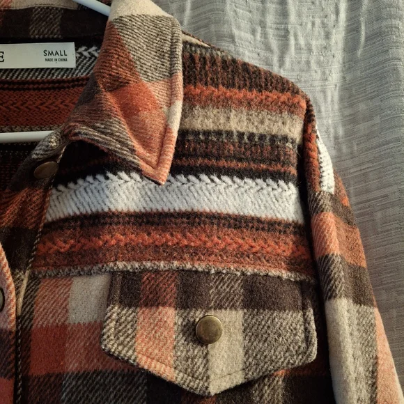 BKE Orange Brown Plaid Button Down Shacket-Size S - Picture 3 of 7